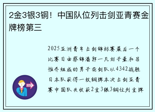 2金3银3铜！中国队位列击剑亚青赛金牌榜第三