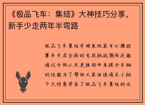 《极品飞车：集结》大神技巧分享，新手少走两年半弯路