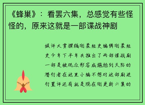 《蜂巢》：看罢六集，总感觉有些怪怪的，原来这就是一部谍战神剧