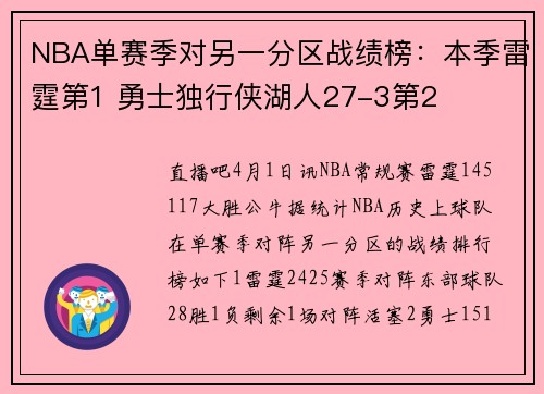 NBA单赛季对另一分区战绩榜：本季雷霆第1 勇士独行侠湖人27-3第2