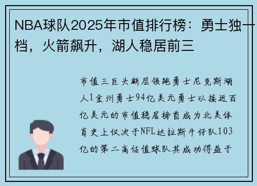 NBA球队2025年市值排行榜：勇士独一档，火箭飙升，湖人稳居前三