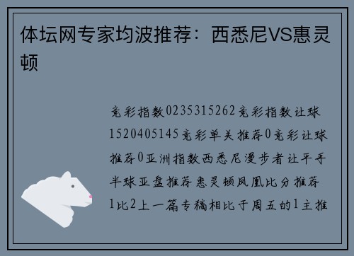 体坛网专家均波推荐：西悉尼VS惠灵顿