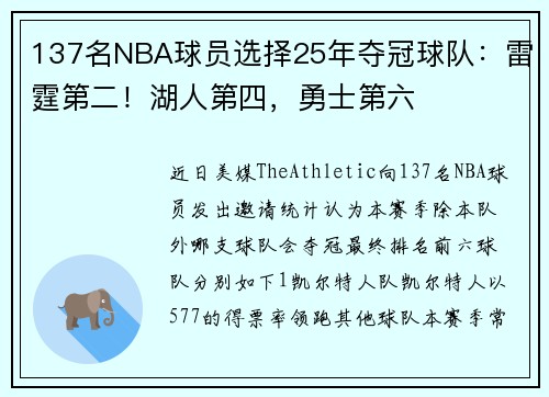 137名NBA球员选择25年夺冠球队：雷霆第二！湖人第四，勇士第六